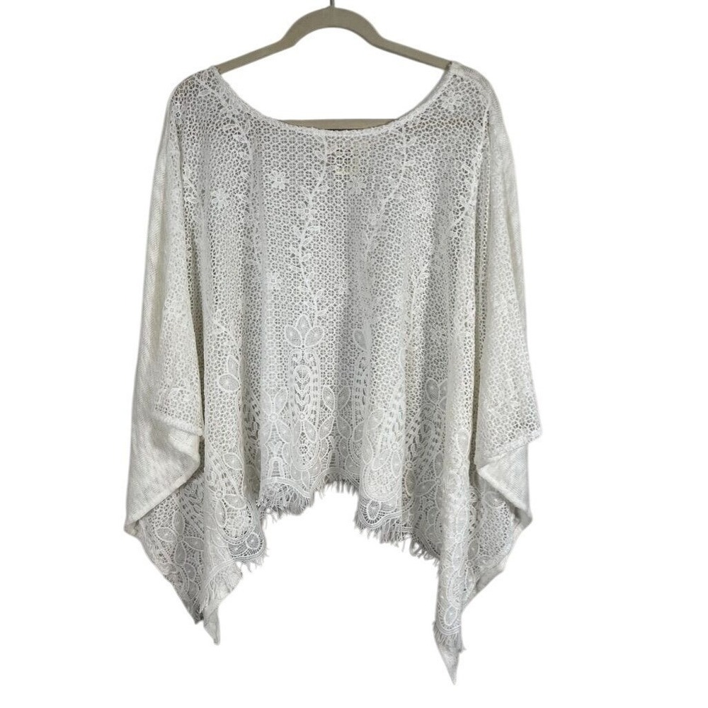 Solitaire Top Women XL White Scoop Kimono Floral Overlay Fringe Retro Boho Swim